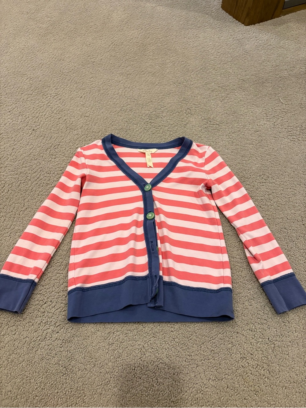 Matilda Jane size 6, Girls' Pink Stripe Button Cardigan with Navy Trim